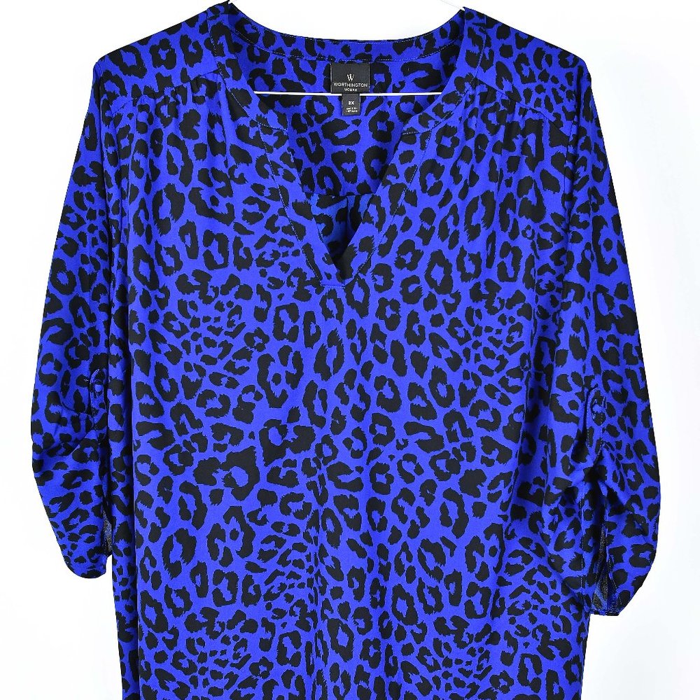 Worthington Cobalt Blue/Black Leopard print 3/4 sleeve length shirt size 2x